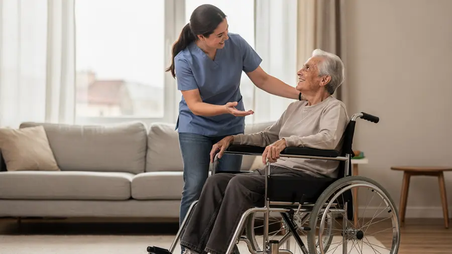 Adult developmental disability respite caregiver-in-respite-setting-with-person-in-wheelchair