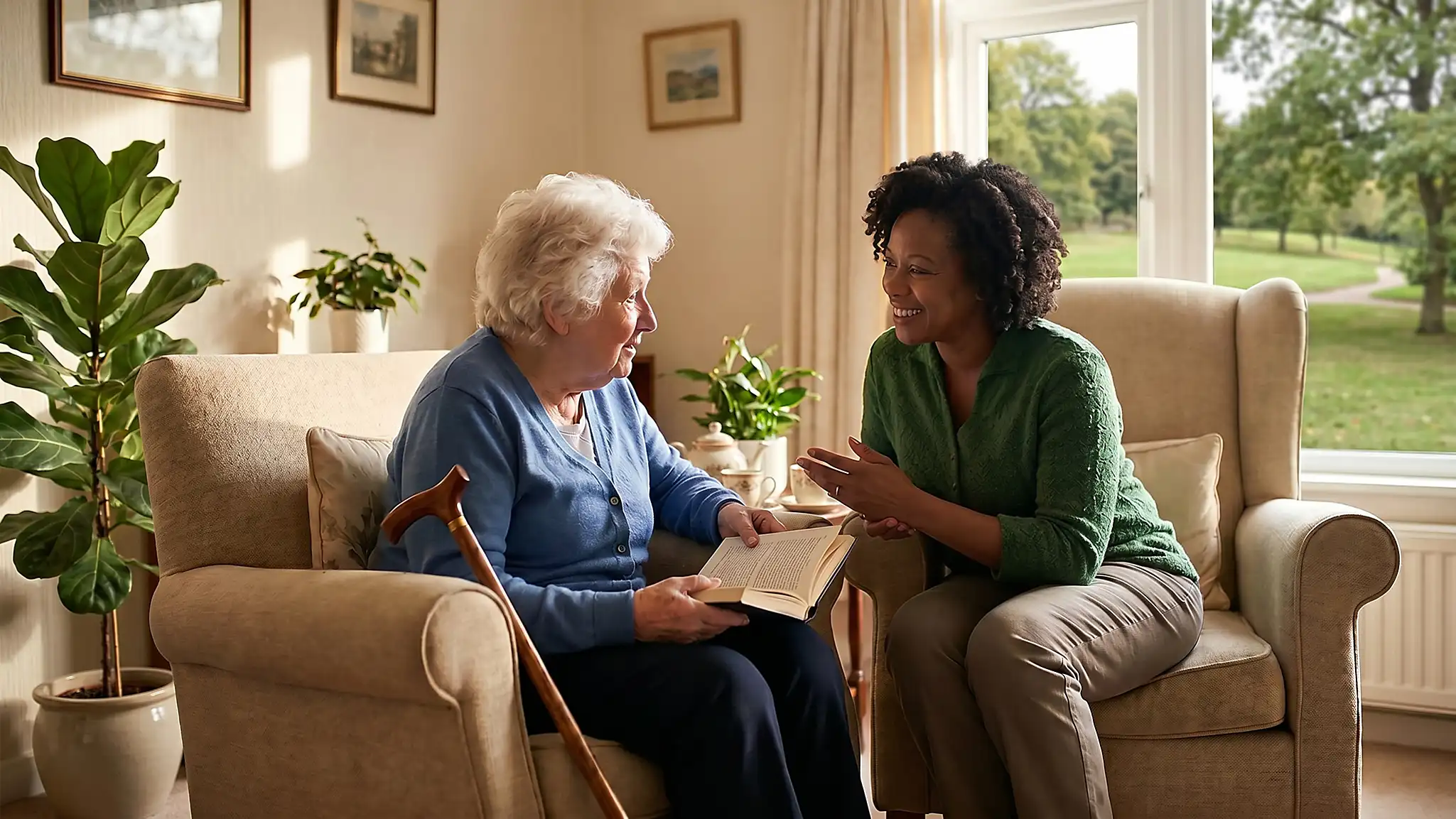 caregiver-in-respite-setting-with-woman-with-cane copy Two women in a respite residential room engaging in conversation