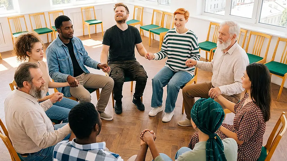 faith-group-circle-support_AS_629456165 Two women in a respite residential room engaging in conversation